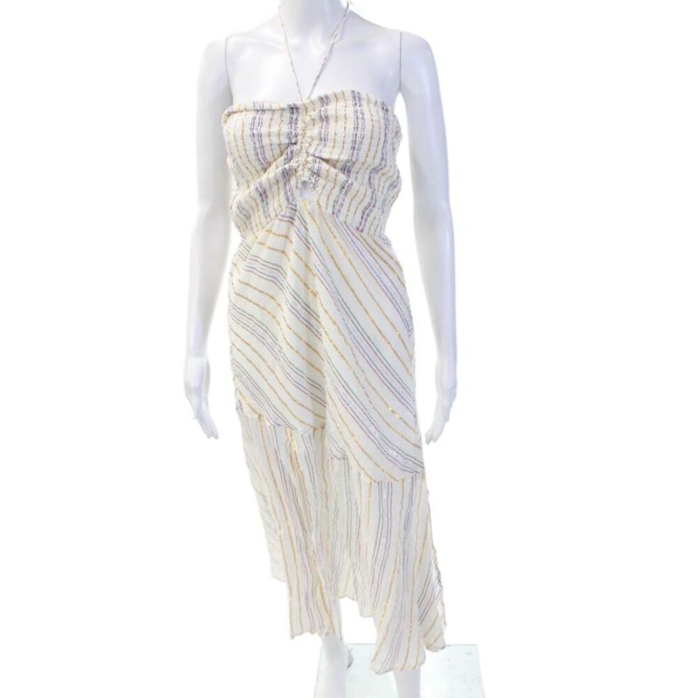Suboo Women Maxi Sundress White Striped Sleeveless Beach Drawstring Size L